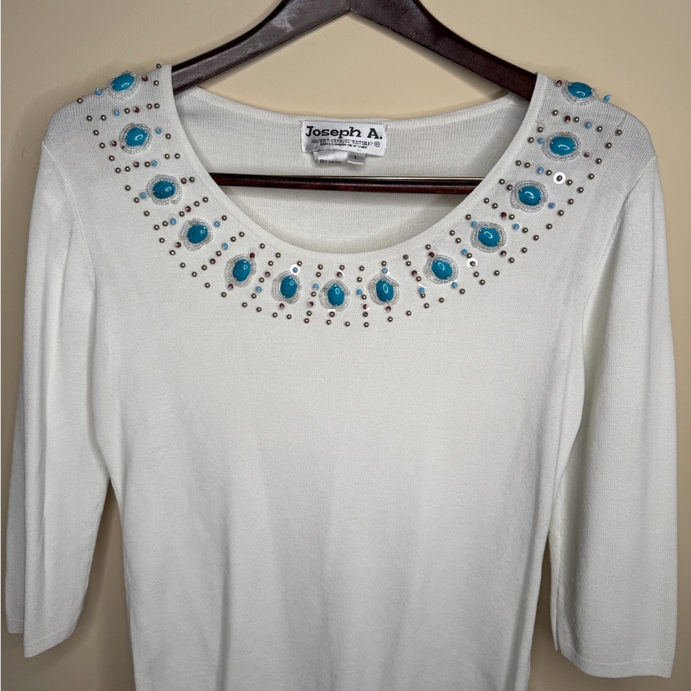 Vintage Joseph A 3/4 Sleeve Beaded Neckline Y2K Blouse Large White Spring Boho - Picture 4 of 6
